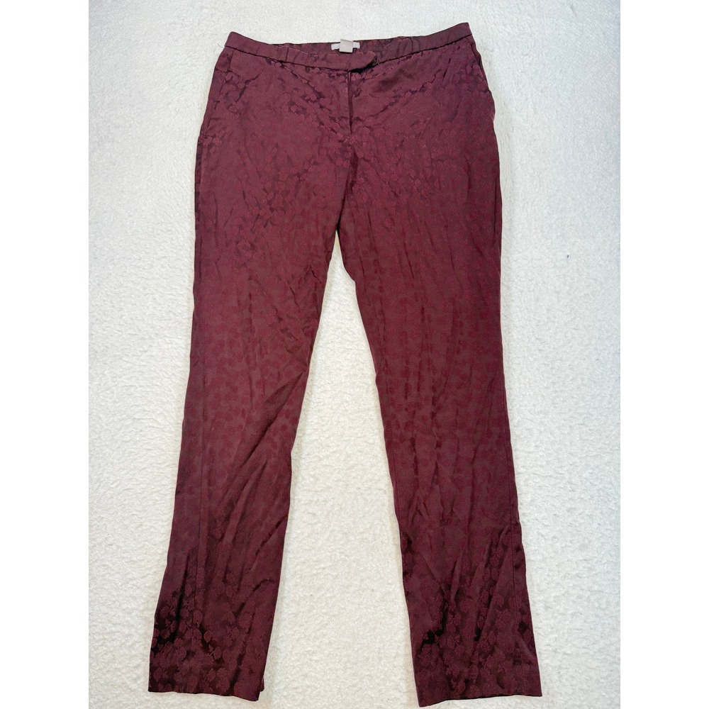 H&M Womens Burgundy Floral Jacquard Slim Dress Pants Size 10 Red Wine Trousers
